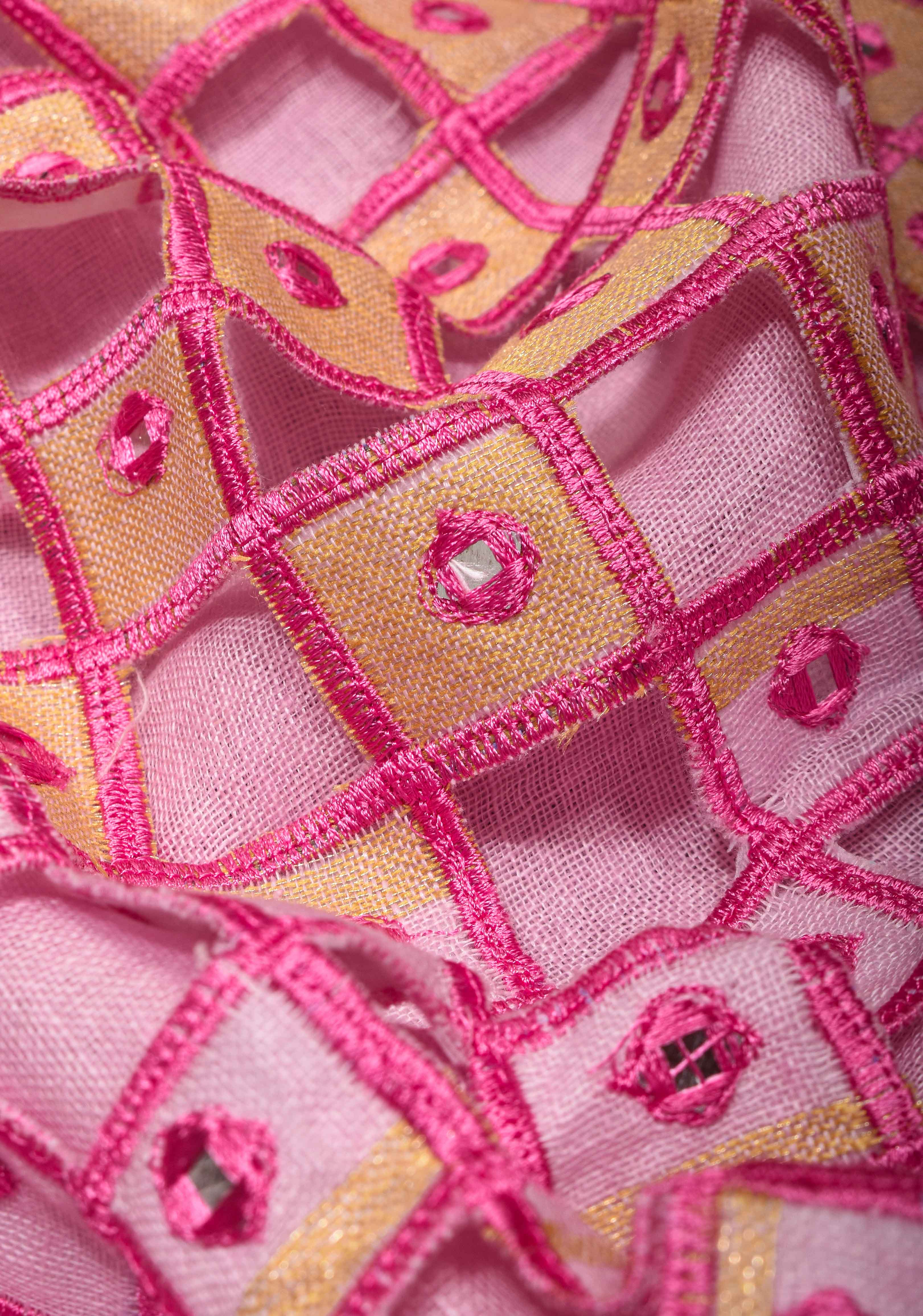 Jaali Pallu - Linen by Linen Cutwork and Mirrorwork Saree in Baby Pink and Zari Border | Shobitam