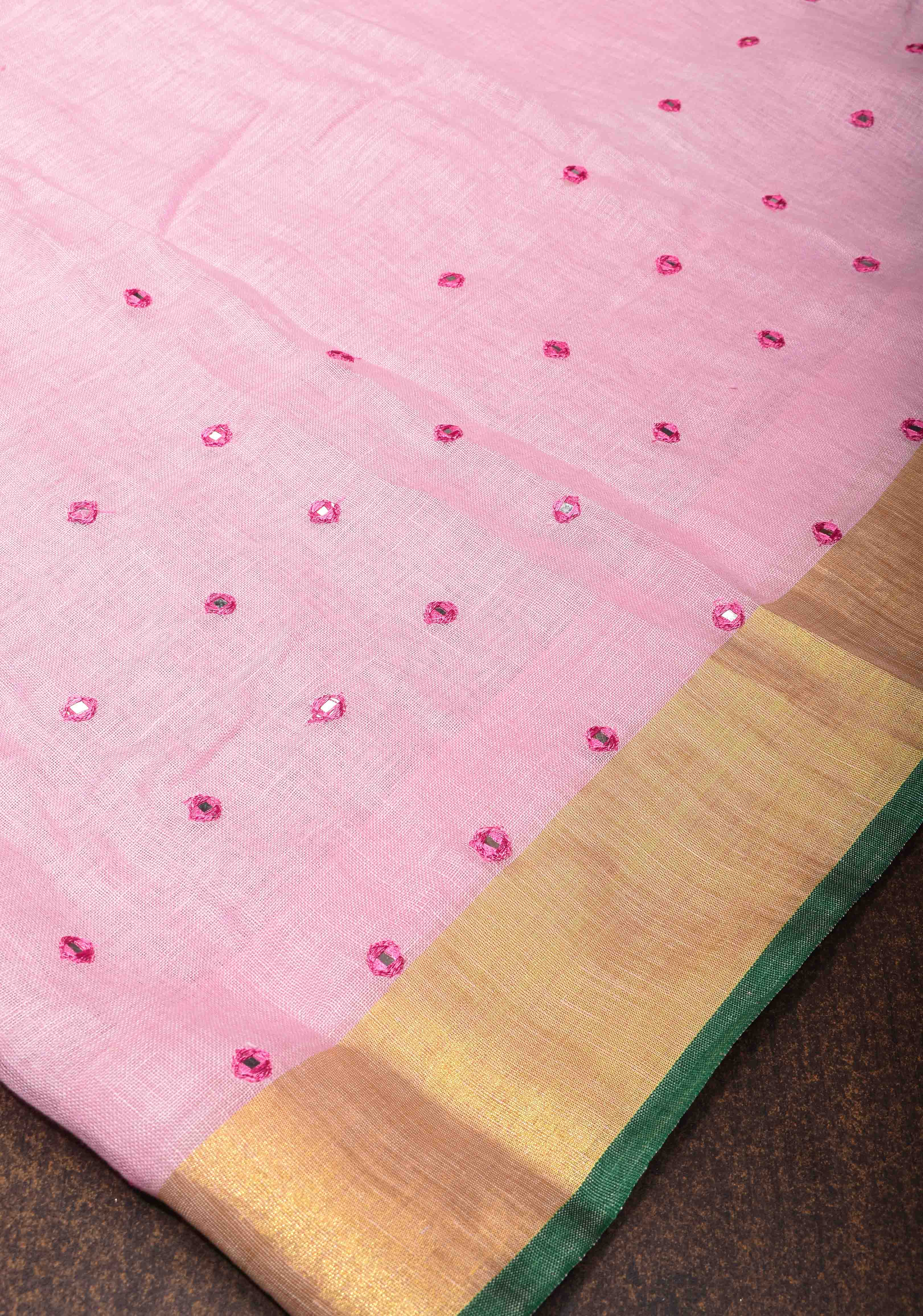 Jaali Pallu - Linen by Linen Cutwork and Mirrorwork Saree in Baby Pink and Zari Border | Shobitam