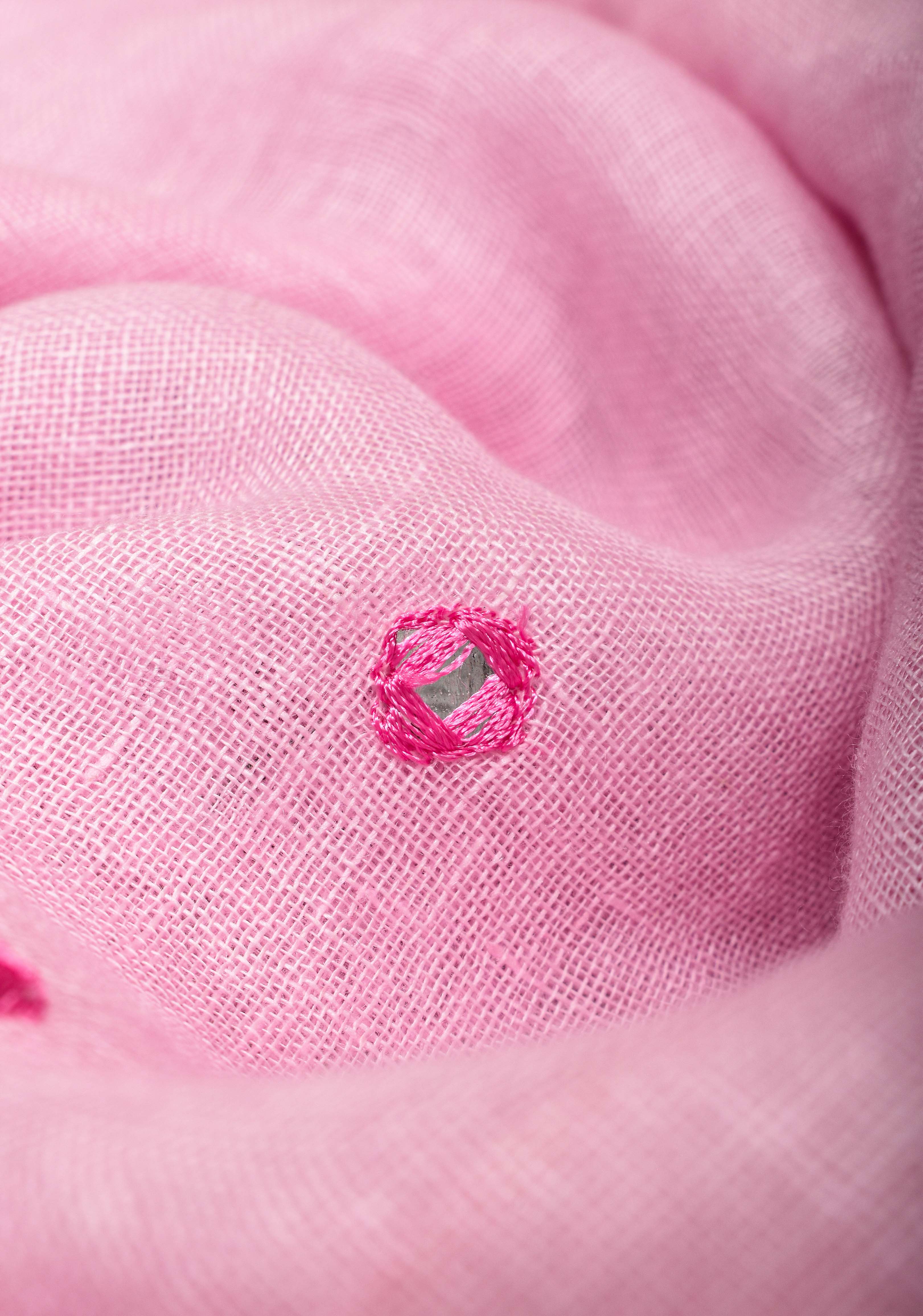 Jaali Pallu - Linen by Linen Cutwork and Mirrorwork Saree in Baby Pink and Zari Border | Shobitam