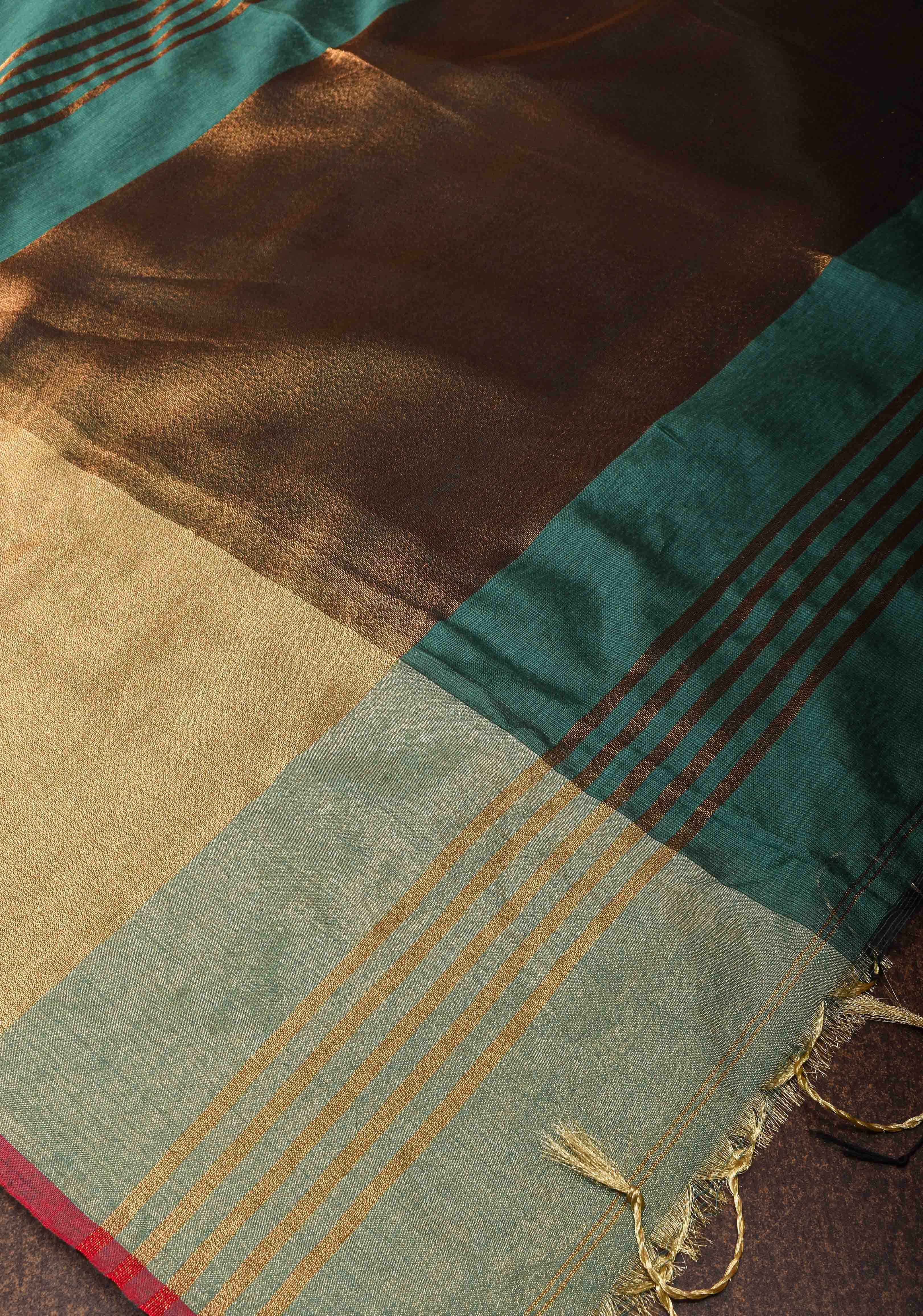 Dark Green Viscose Cotton Saree with Tissue Wide Border, no blouse piece | Shobitam