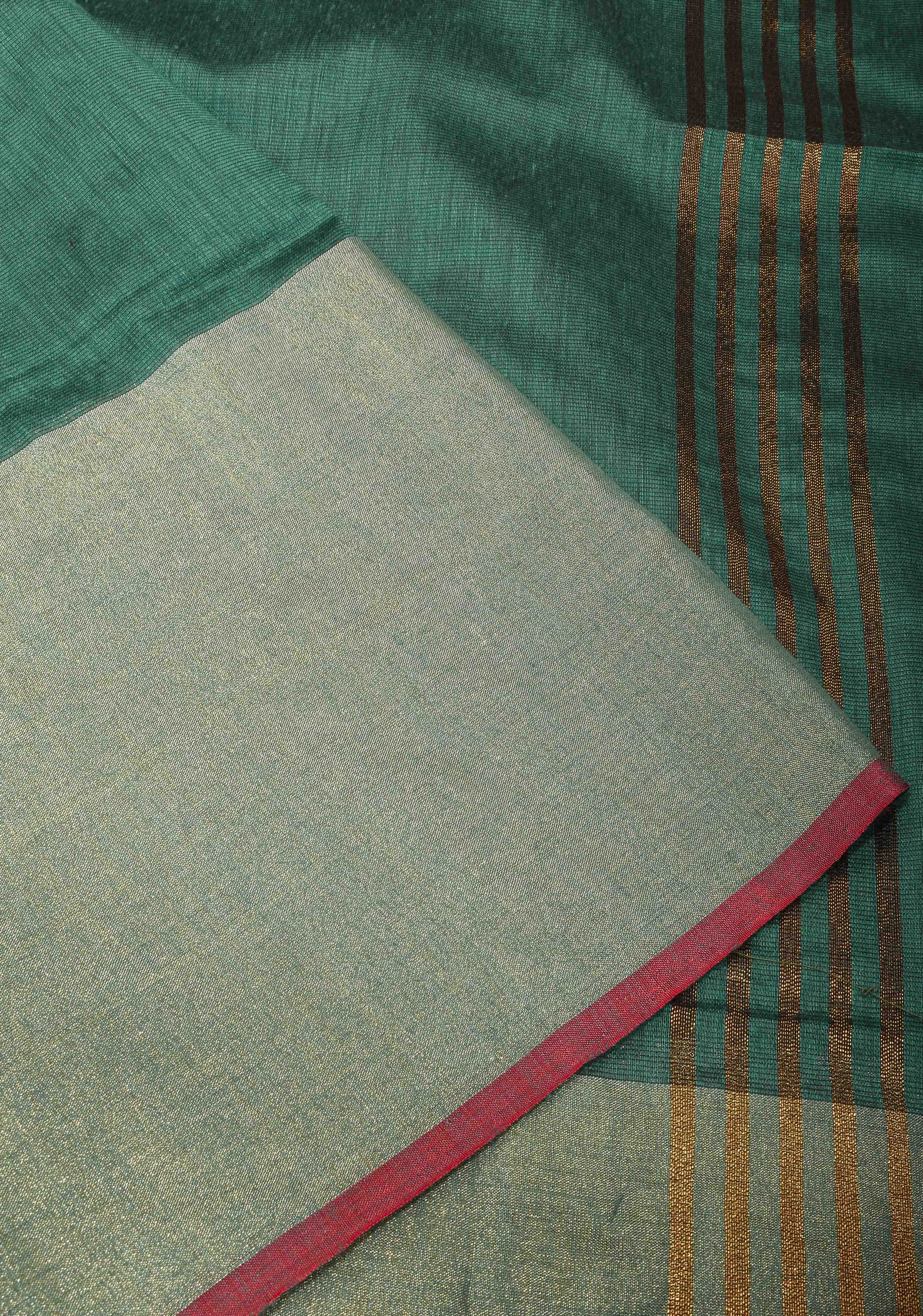 Dark Green Viscose Cotton Saree with Tissue Wide Border, no blouse piece | Shobitam