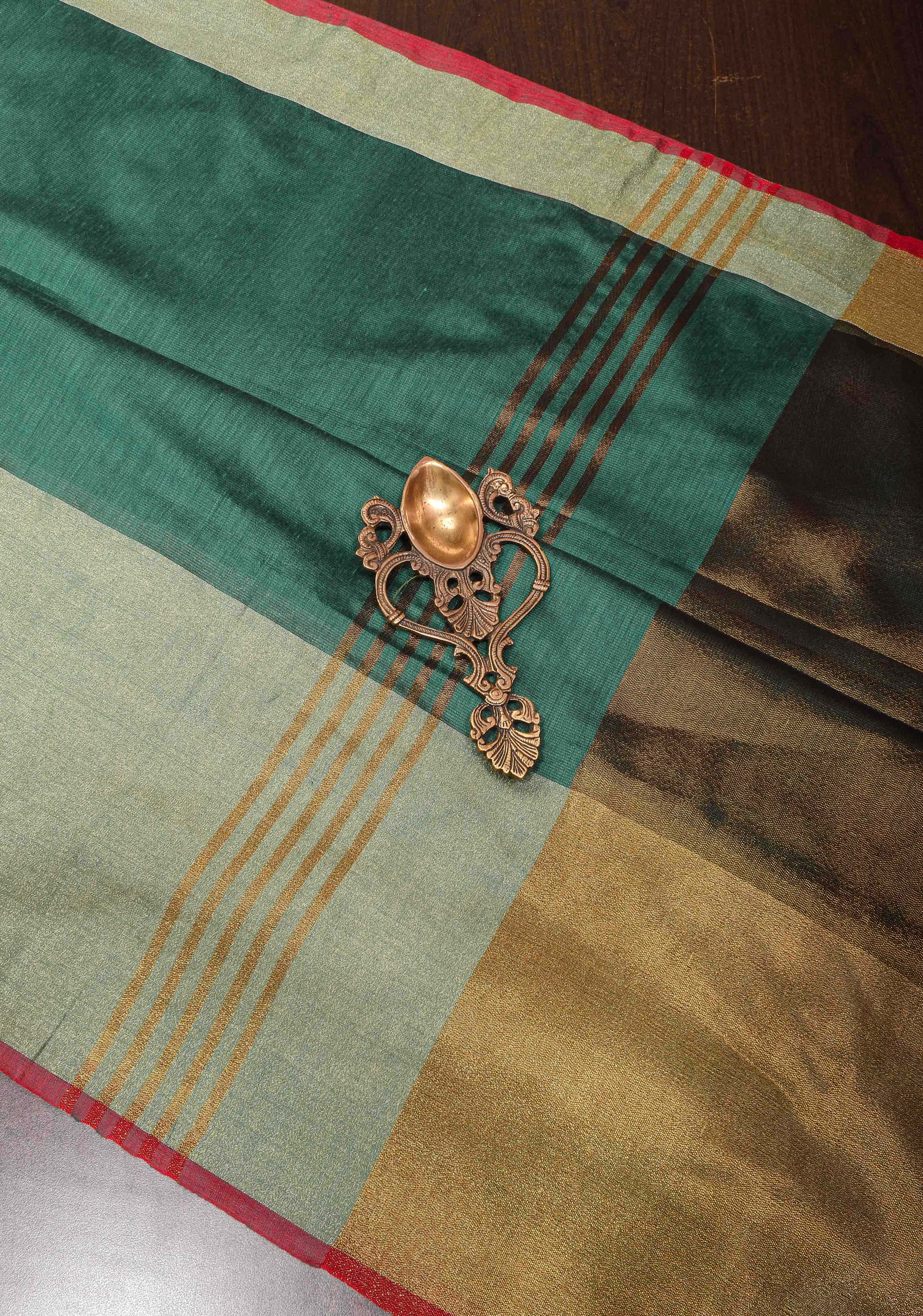 Dark Green Viscose Cotton Saree with Tissue Wide Border, no blouse piece