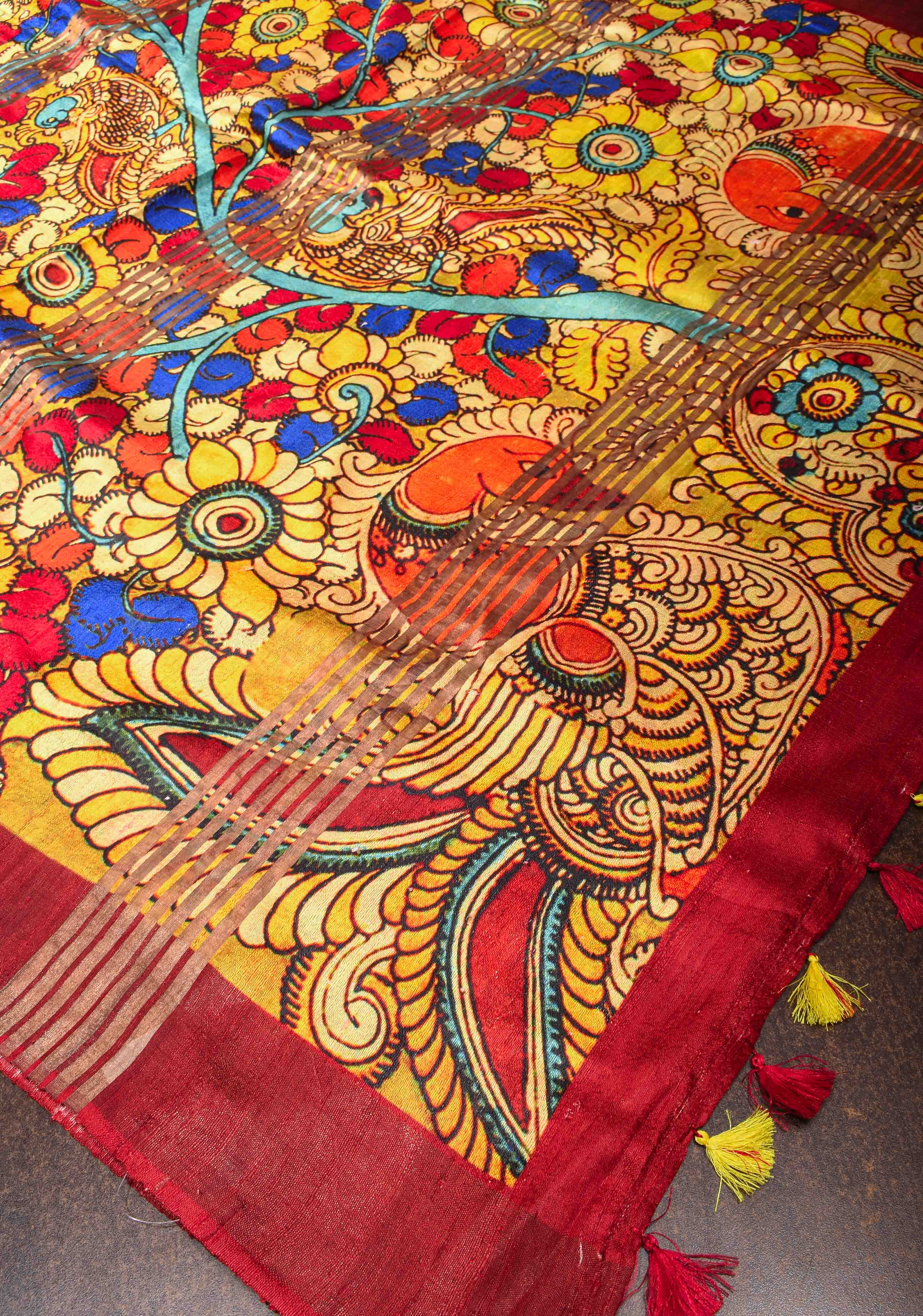 Tussar Raw Silk Saree in Multicolor with Kalamkari digital print | SILK MARK CERTIFIED | Shobitam
