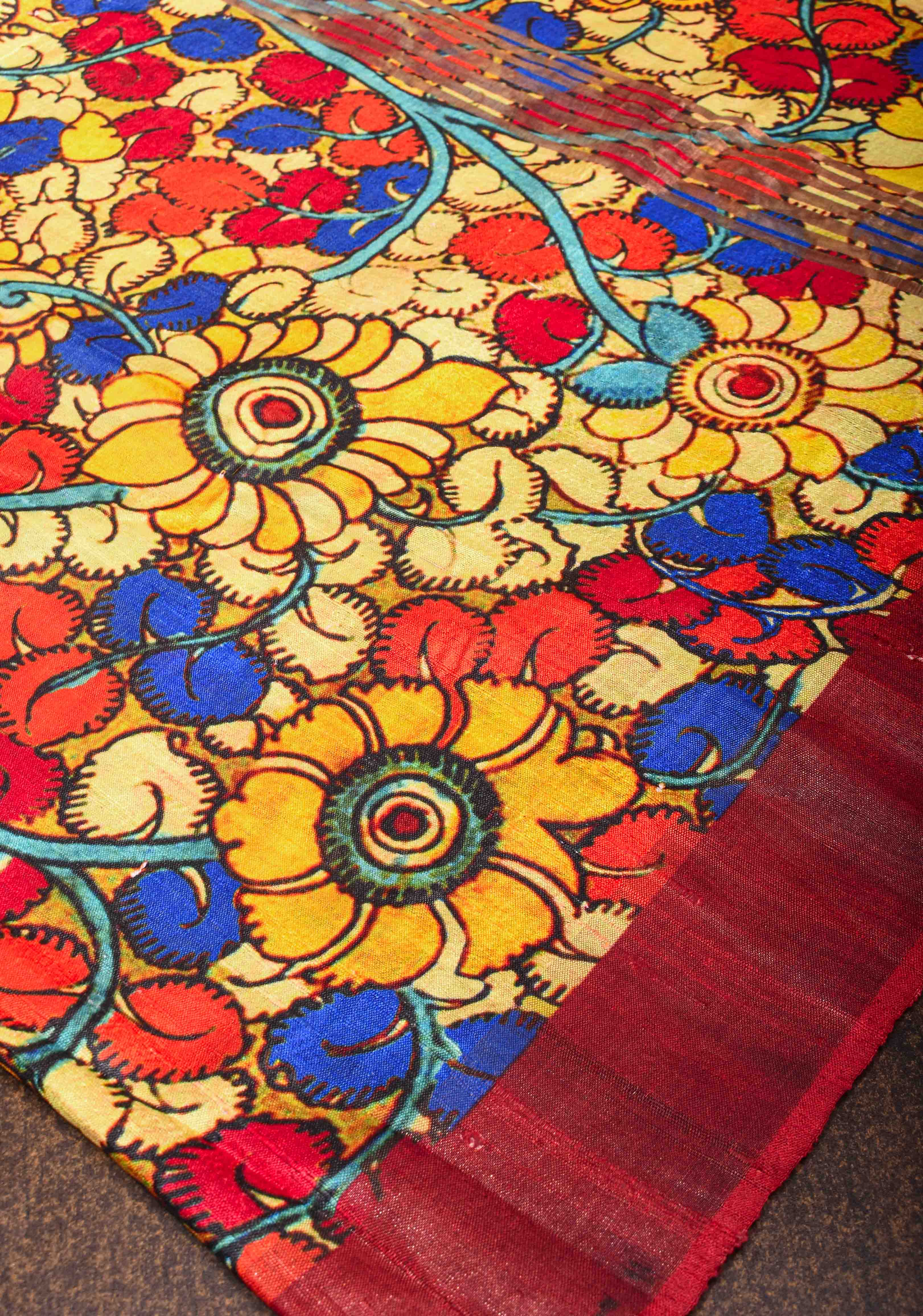 Tussar Raw Silk Saree in Multicolor with Kalamkari digital print | SILK MARK CERTIFIED | Shobitam