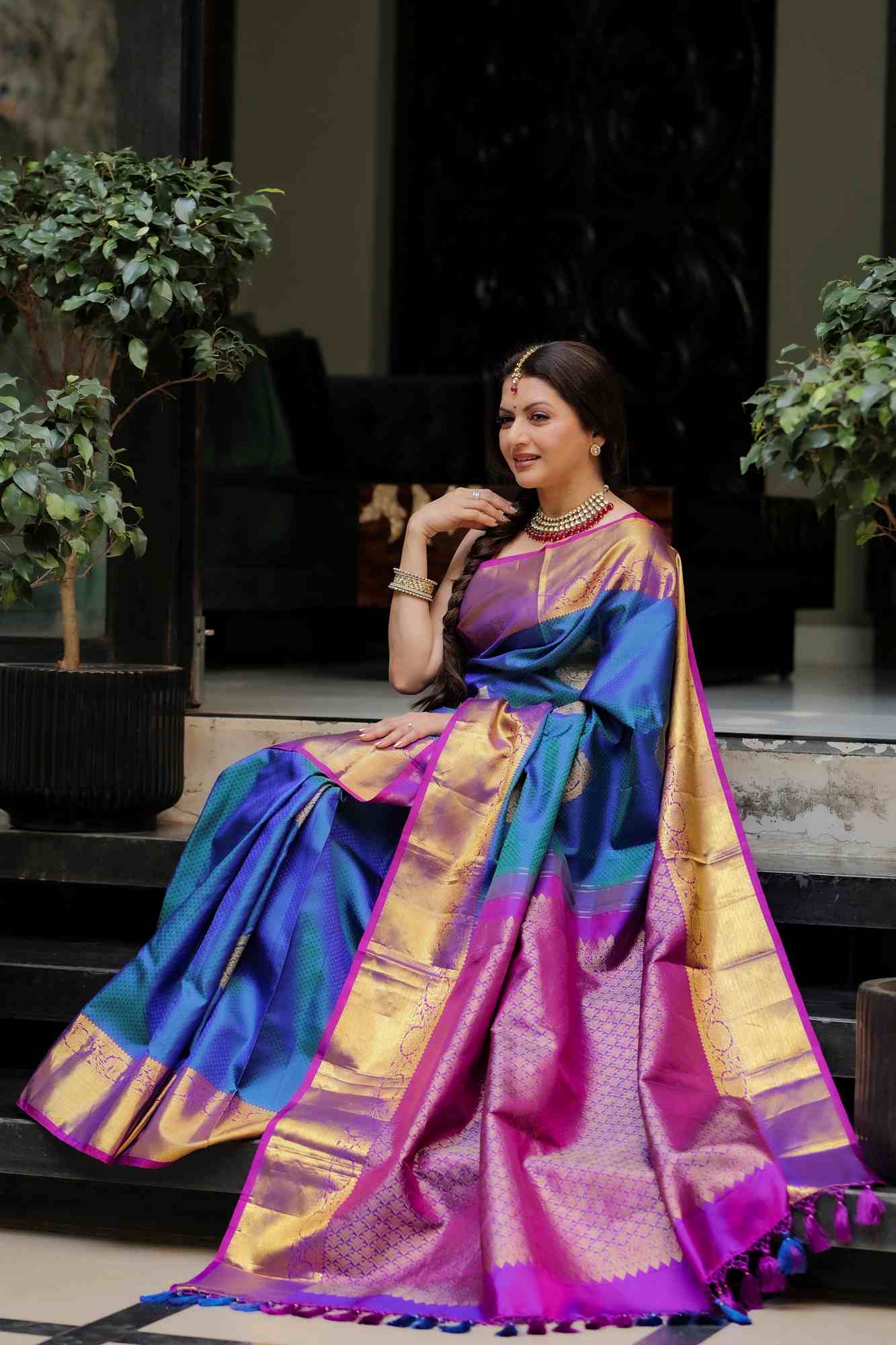 Exquisite Peacock Blue Dual tone Self Brocade on Kanjivaram Pure Silk Saree with Damask Motifs and Zari Border | SILK MARK CERTIFIED Ready To Wear Saree