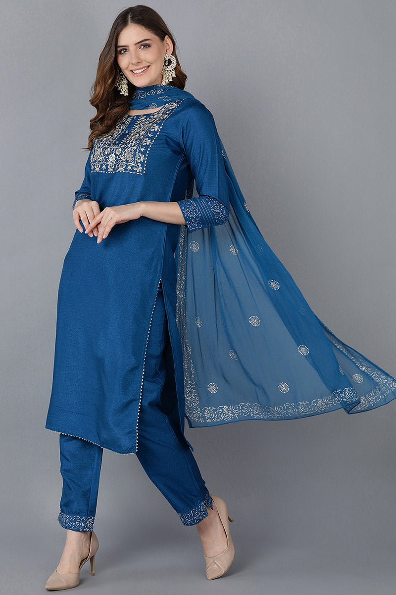 Women Blue Floral Yoke Design Regular Thread Work Kurta with Palazzos With Dupatta | SHOBITAM
