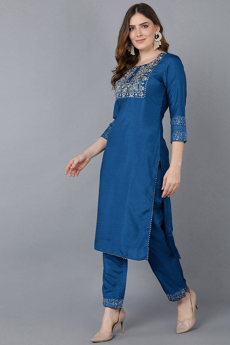 Women Blue Floral Yoke Design Regular Thread Work Kurta with Palazzos With Dupatta | SHOBITAM