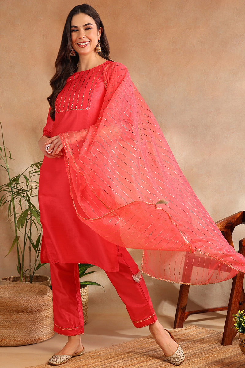 Fuchsia Poly Chanderi Solid Straight Suit Set | SHOBITAM