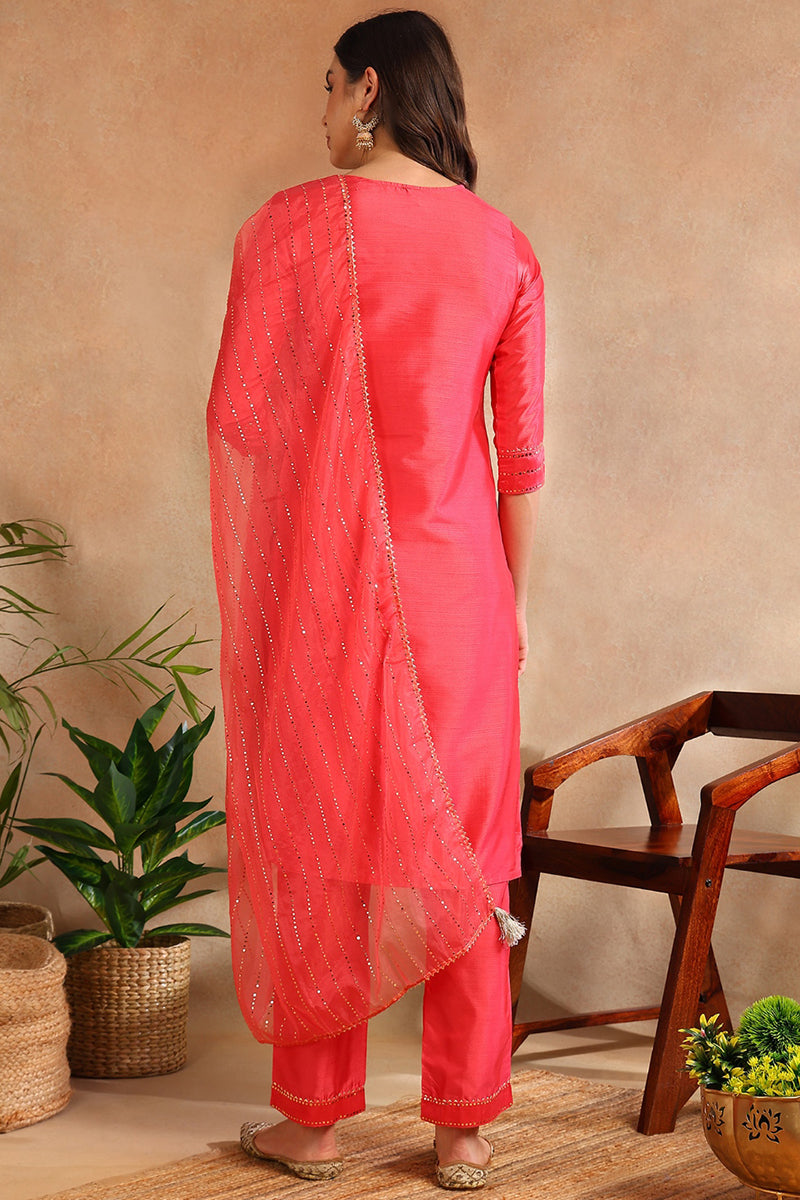 Fuchsia Poly Chanderi Solid Straight Suit Set | SHOBITAM