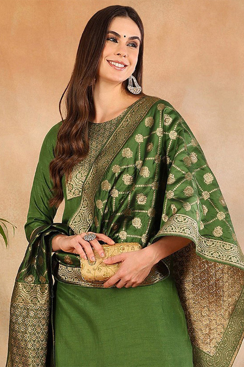 Green Poly Silk Solid Straight Suit Set | SHOBITAM