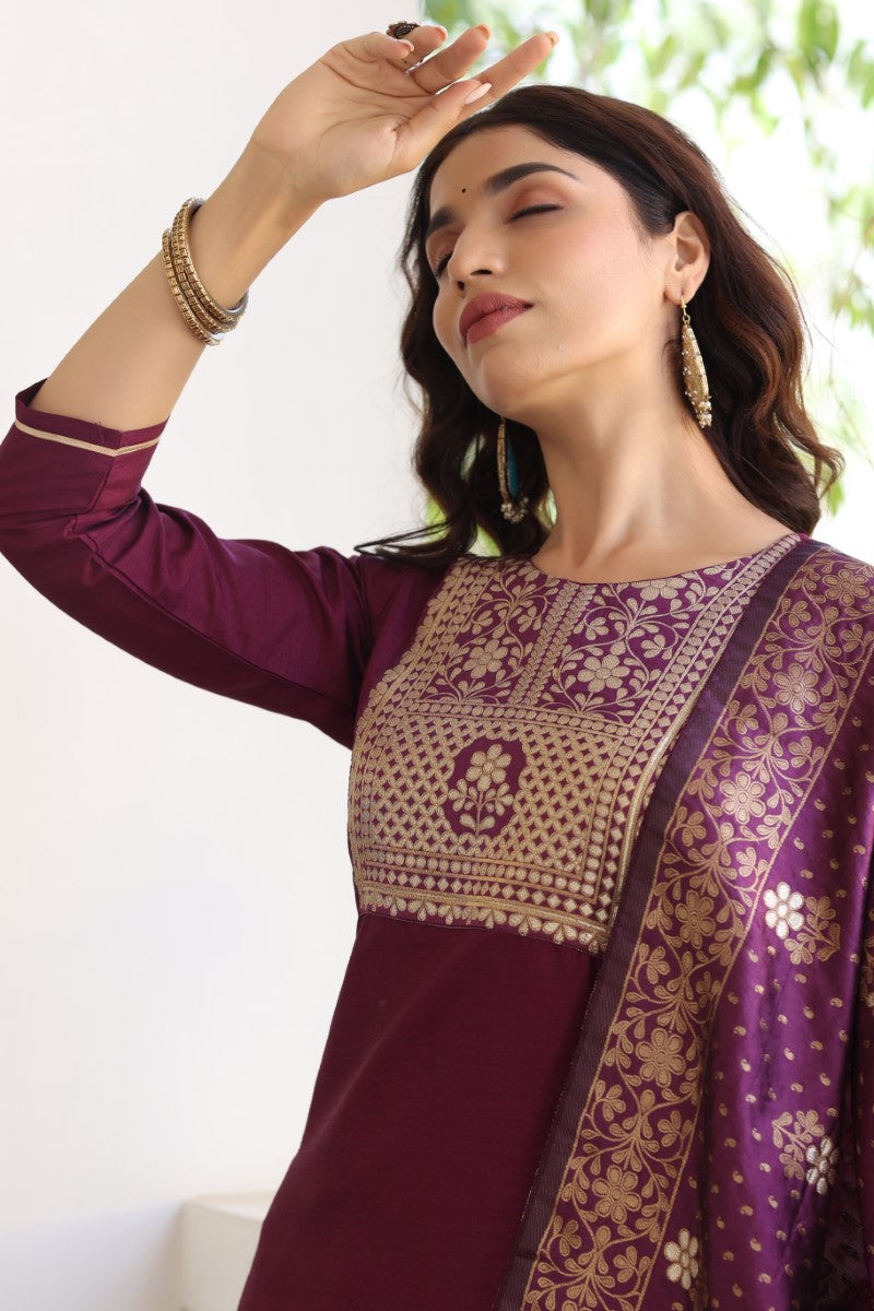 Burgundy Poly Silk Solid Straight Suit Set | SHOBITAM
