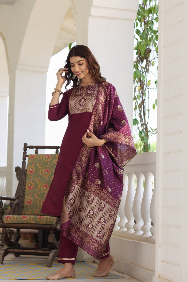 Burgundy Poly Silk Solid Straight Suit Set | SHOBITAM