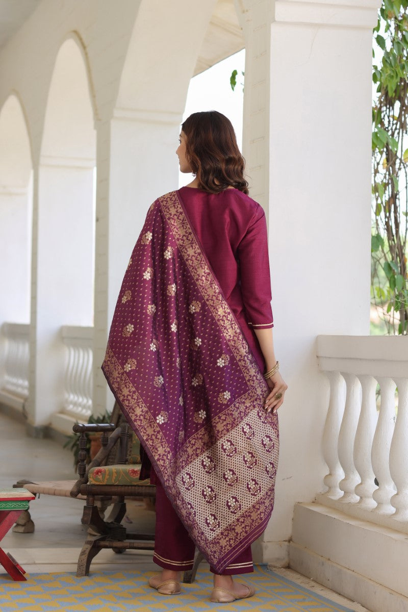 Burgundy Poly Silk Solid Straight Suit Set | SHOBITAM