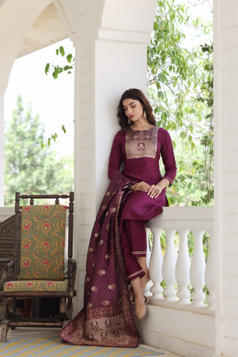 Burgundy Poly Silk Solid Straight Suit Set | SHOBITAM
