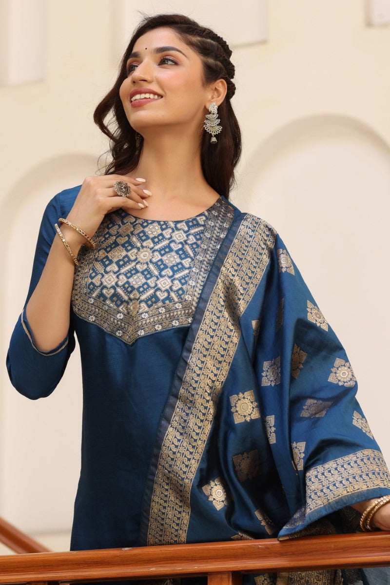 Blue Poly Silk Solid Straight Suit Set | SHOBITAM