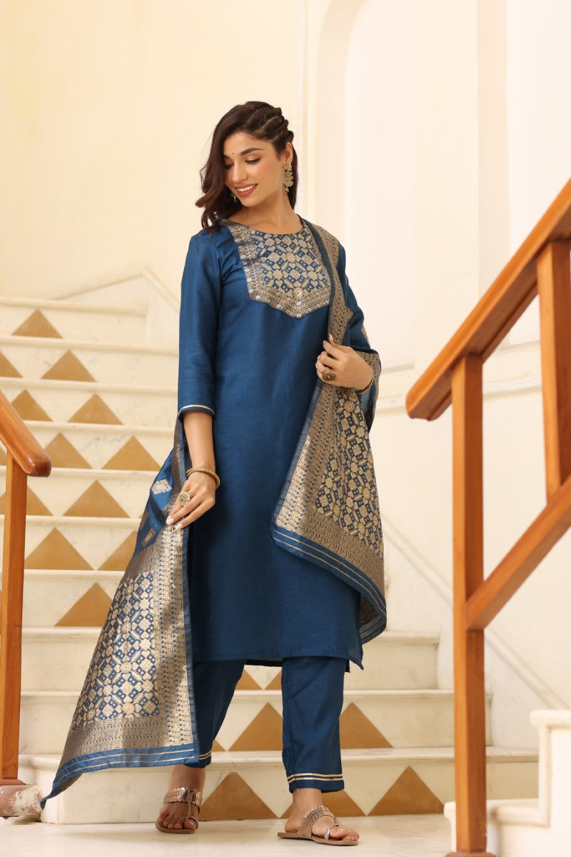 Blue Poly Silk Solid Straight Suit Set | SHOBITAM