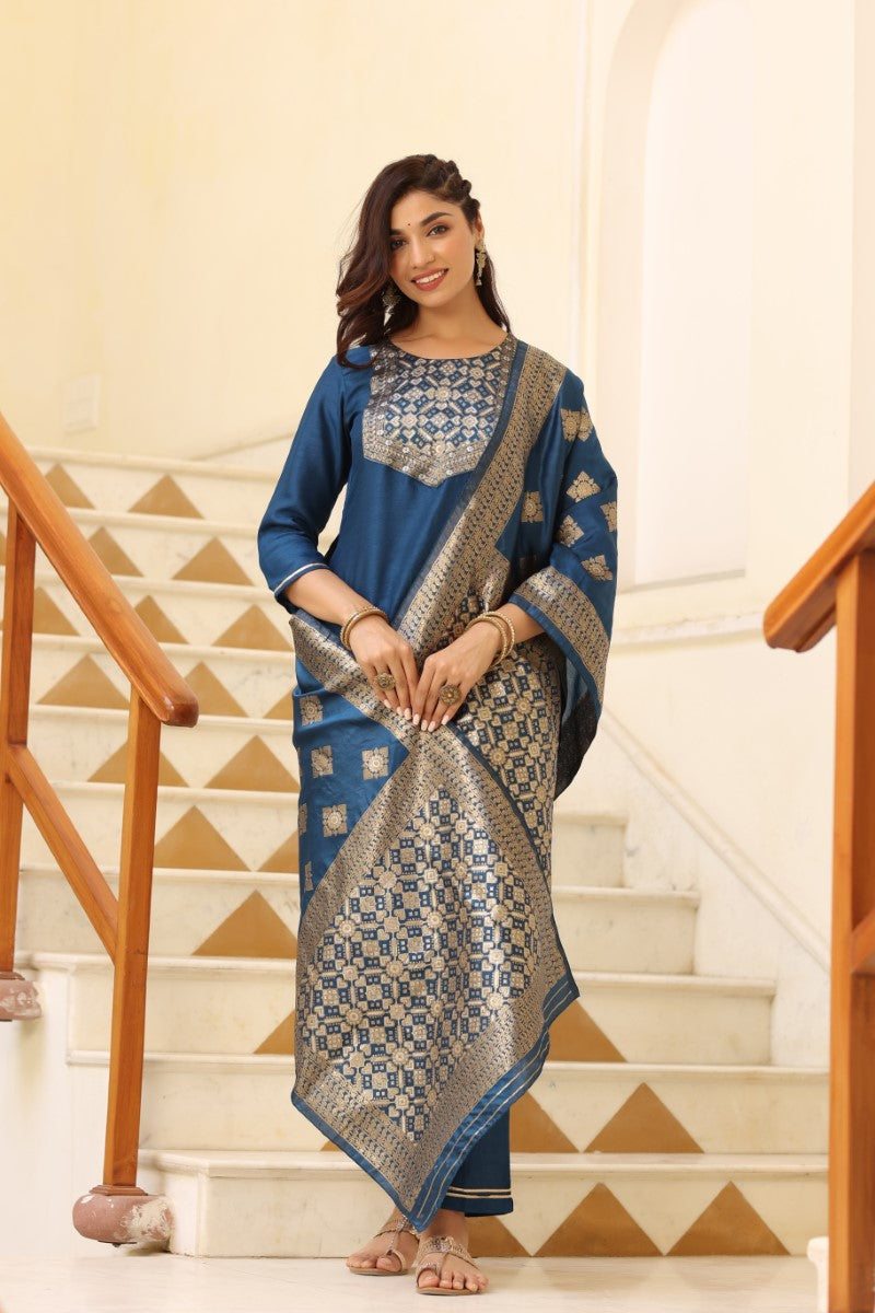 Blue Poly Silk Solid Straight Suit Set | SHOBITAM