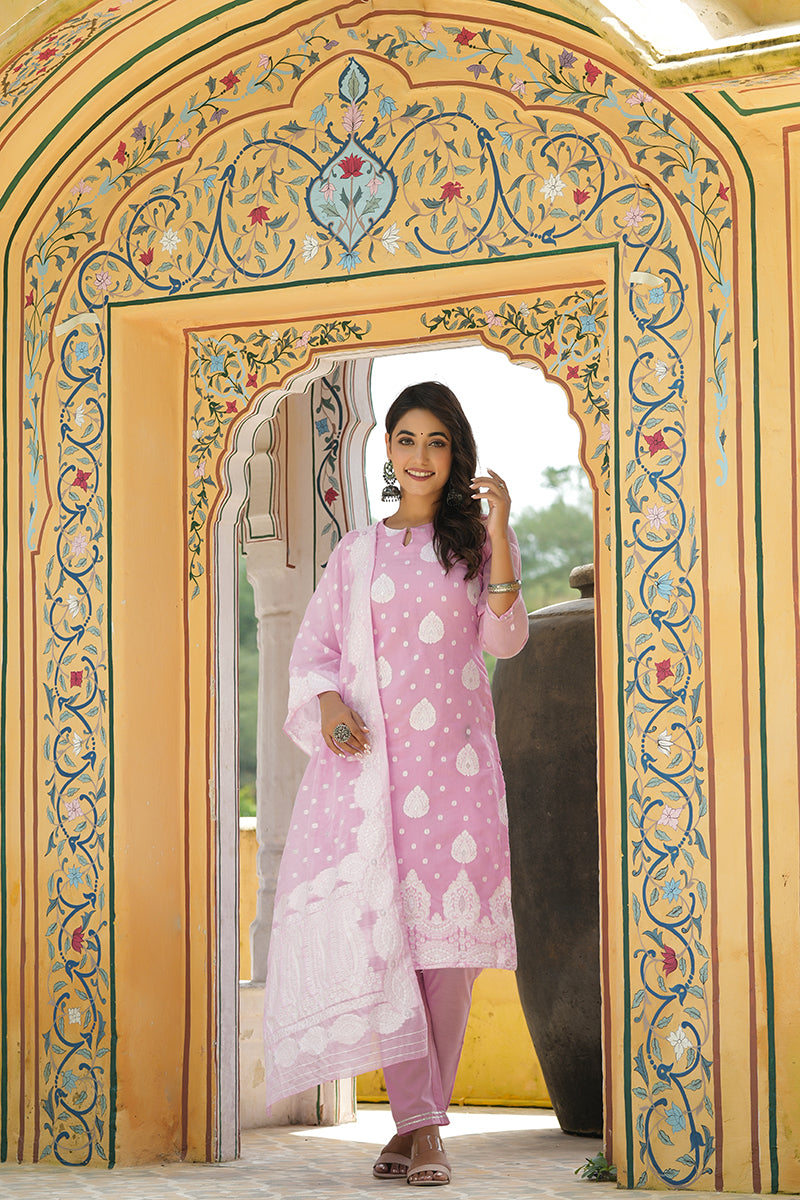 Pink Poly Chanderi Ethnic Motifs Straight Suit Set | SHOBITAM