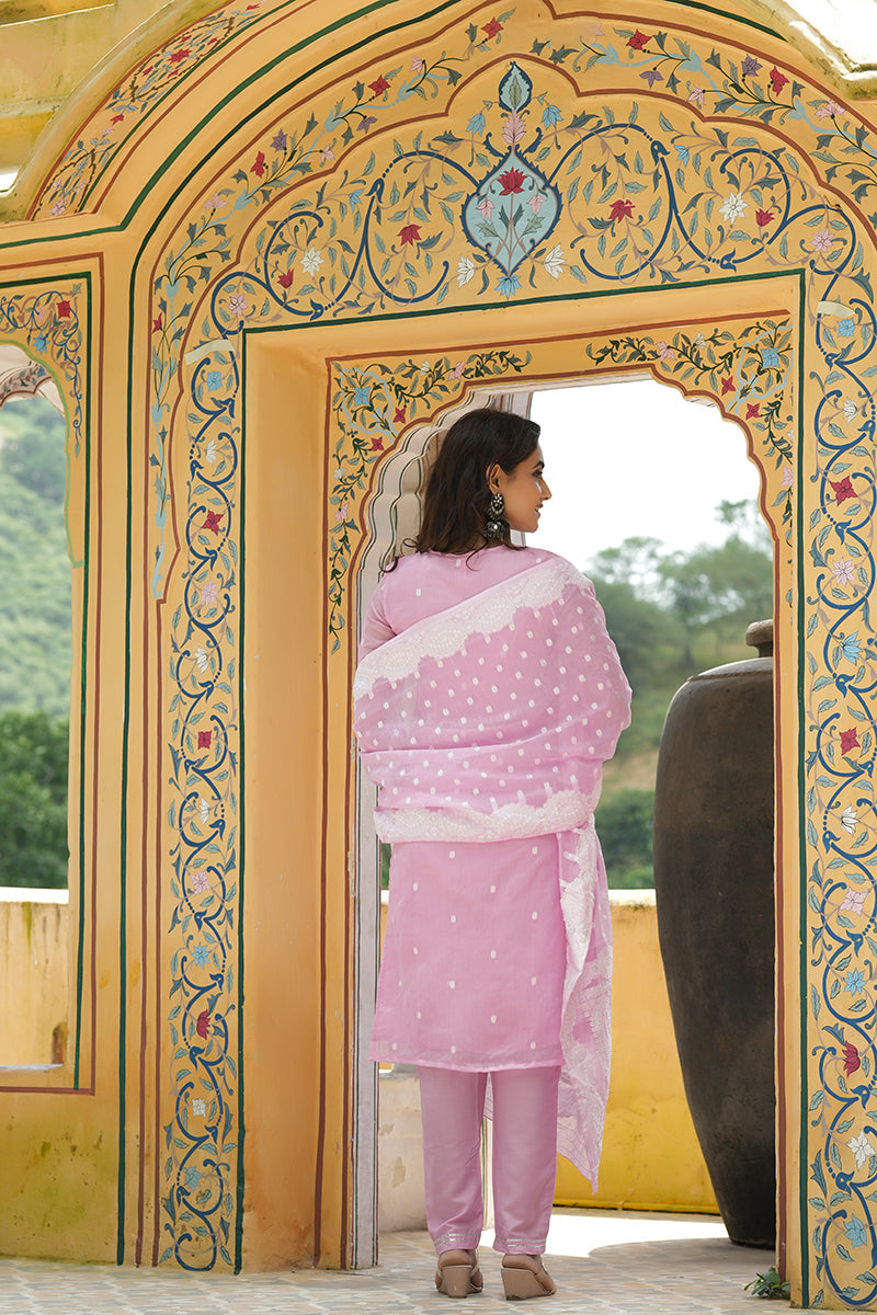 Pink Poly Chanderi Ethnic Motifs Straight Suit Set | SHOBITAM