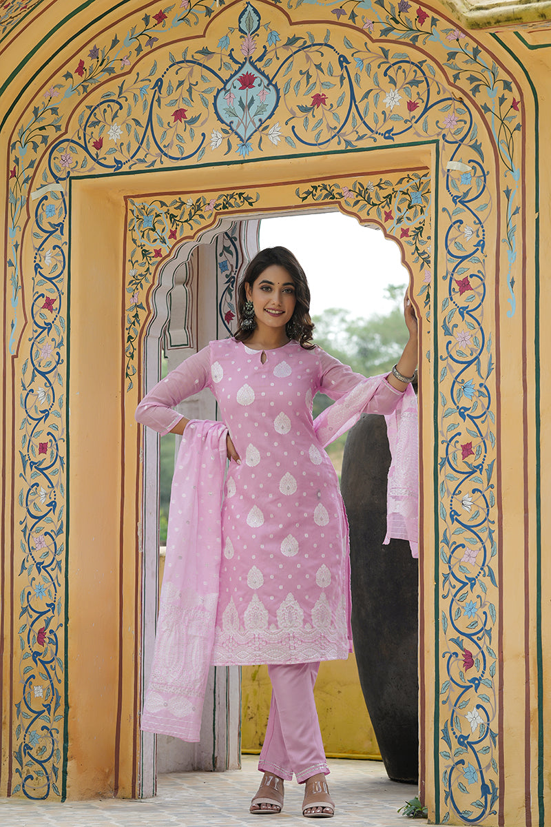 Pink Poly Chanderi Ethnic Motifs Straight Suit Set | SHOBITAM