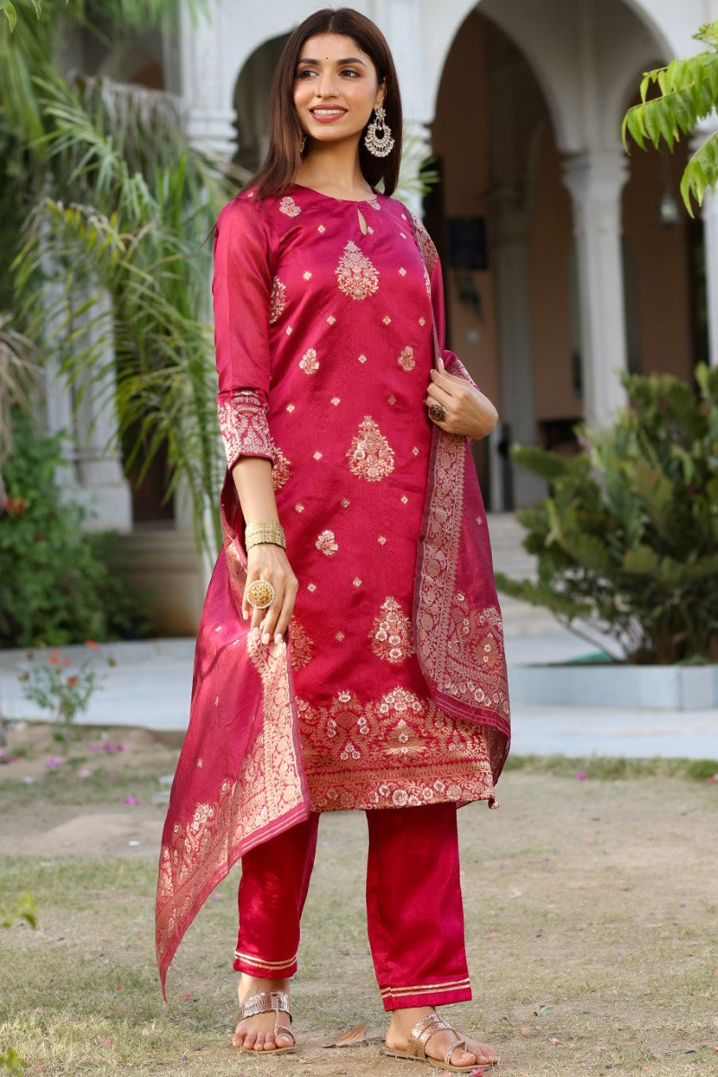 Women Maroon Woven Design Kurta Trousers With Dupatta | SHOBITAM
