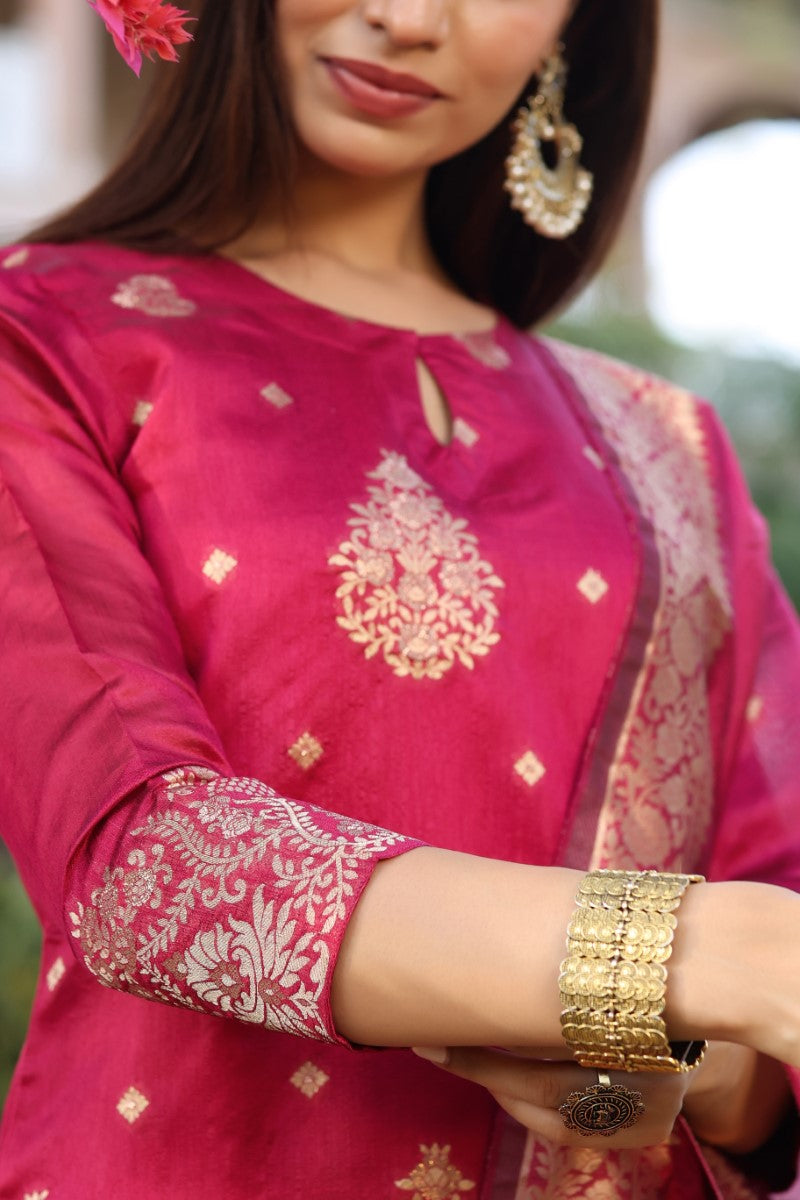 Women Maroon Woven Design Kurta Trousers With Dupatta | SHOBITAM