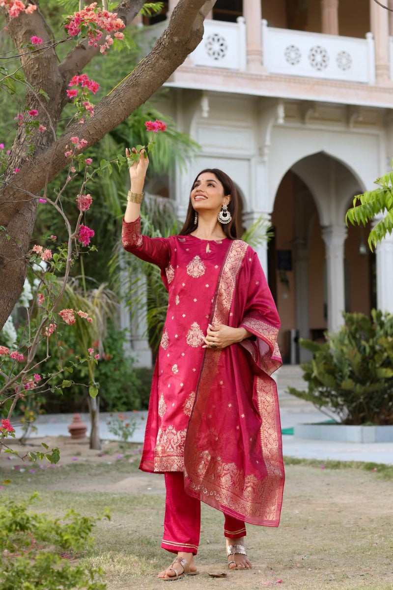 Women Maroon Woven Design Kurta Trousers With Dupatta | SHOBITAM