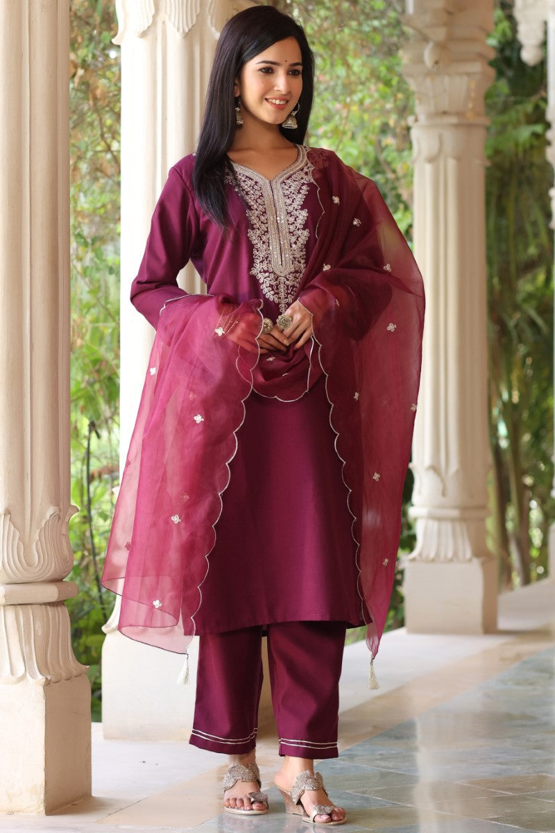 Wine Poly Silk Solid Embroidered Straight Suit Set | SHOBITAM