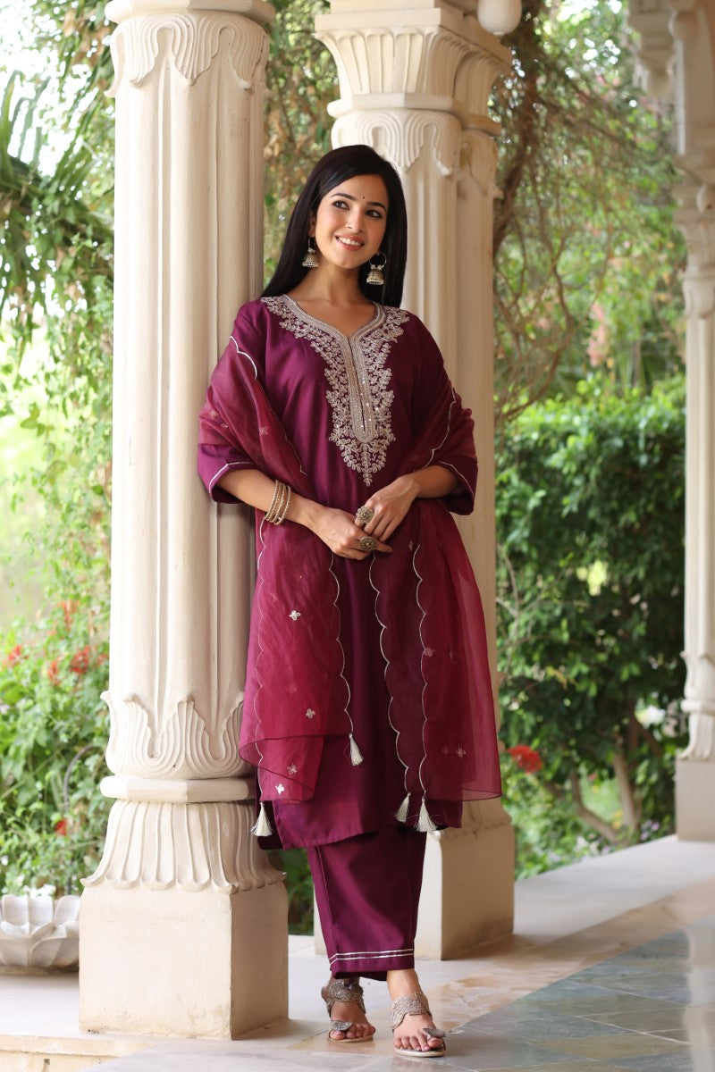 Wine Poly Silk Solid Embroidered Straight Suit Set | SHOBITAM