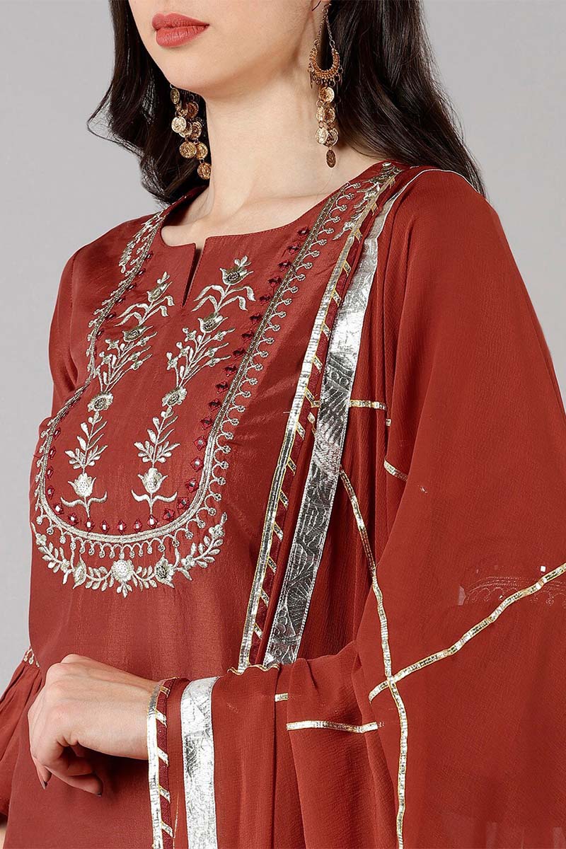 Rust Polyester Gotta Patti Straight Suit Set  | SHOBITAM