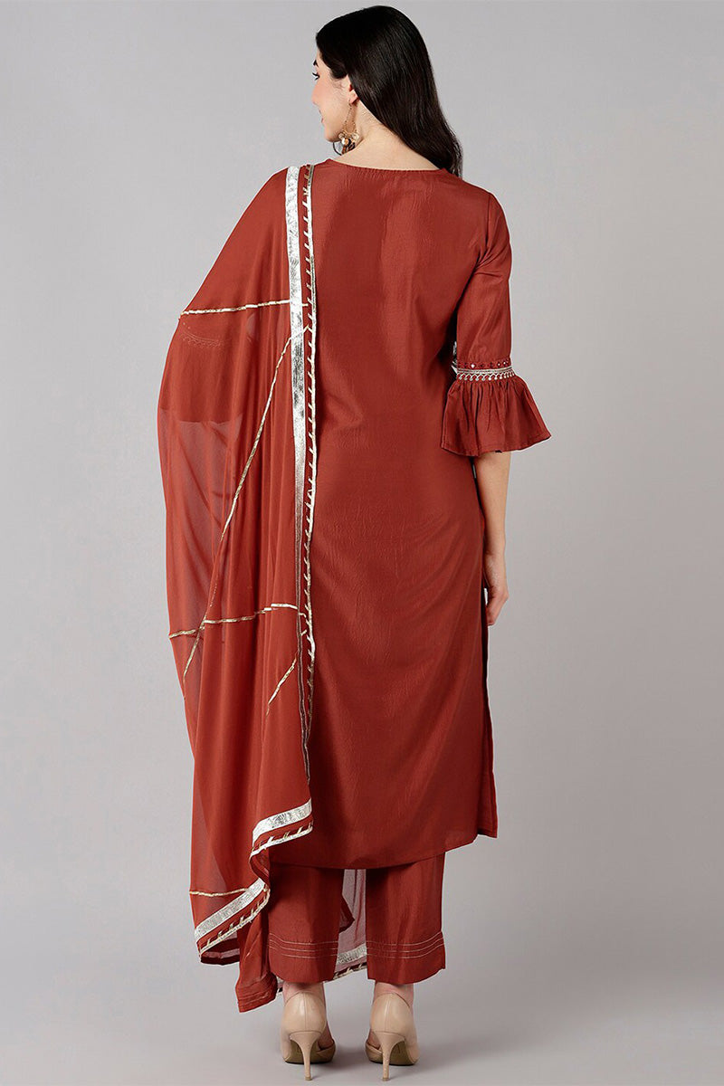 Rust Polyester Gotta Patti Straight Suit Set  | SHOBITAM