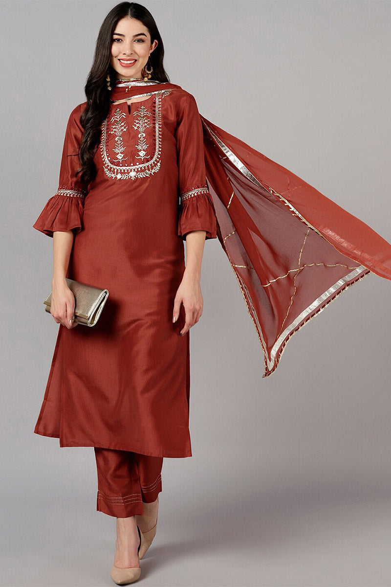 Rust Polyester Gotta Patti Straight Suit Set  | SHOBITAM