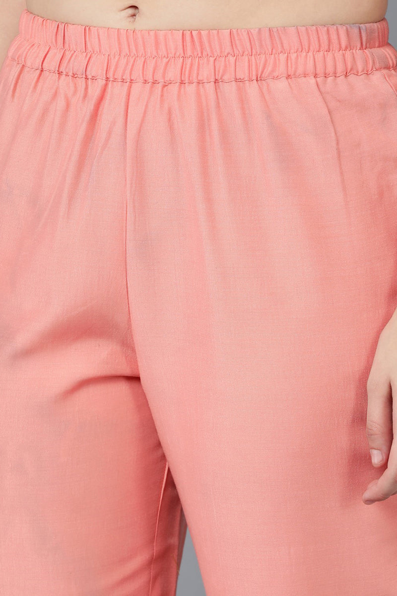 Peach Poly Silk Embroidered Straight Suit Set | SHOBITAM
