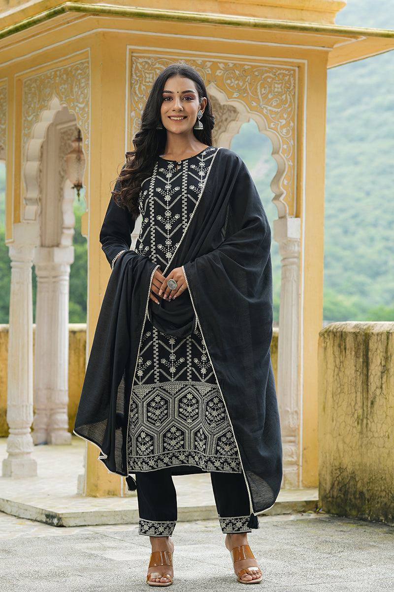 Black Poly Silk Thread Embroidered Suit Set | SHOBITAM