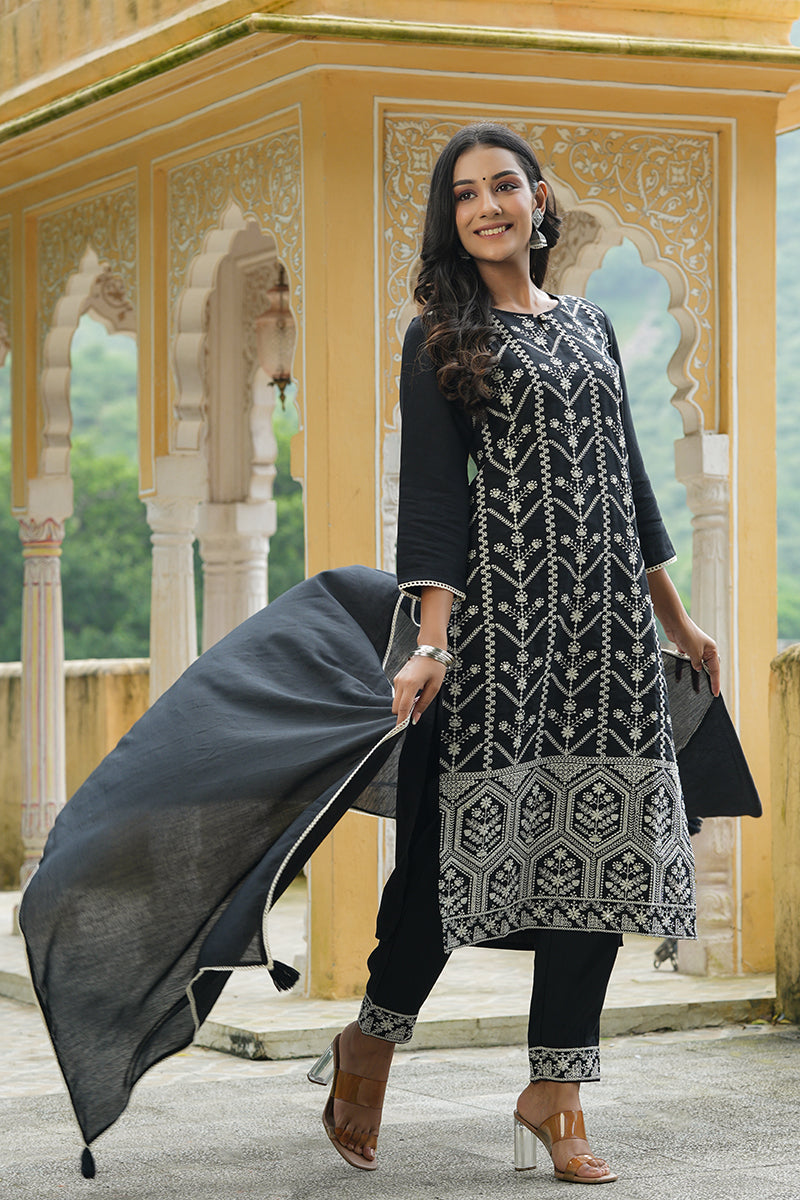 Black Poly Silk Thread Embroidered Suit Set | SHOBITAM