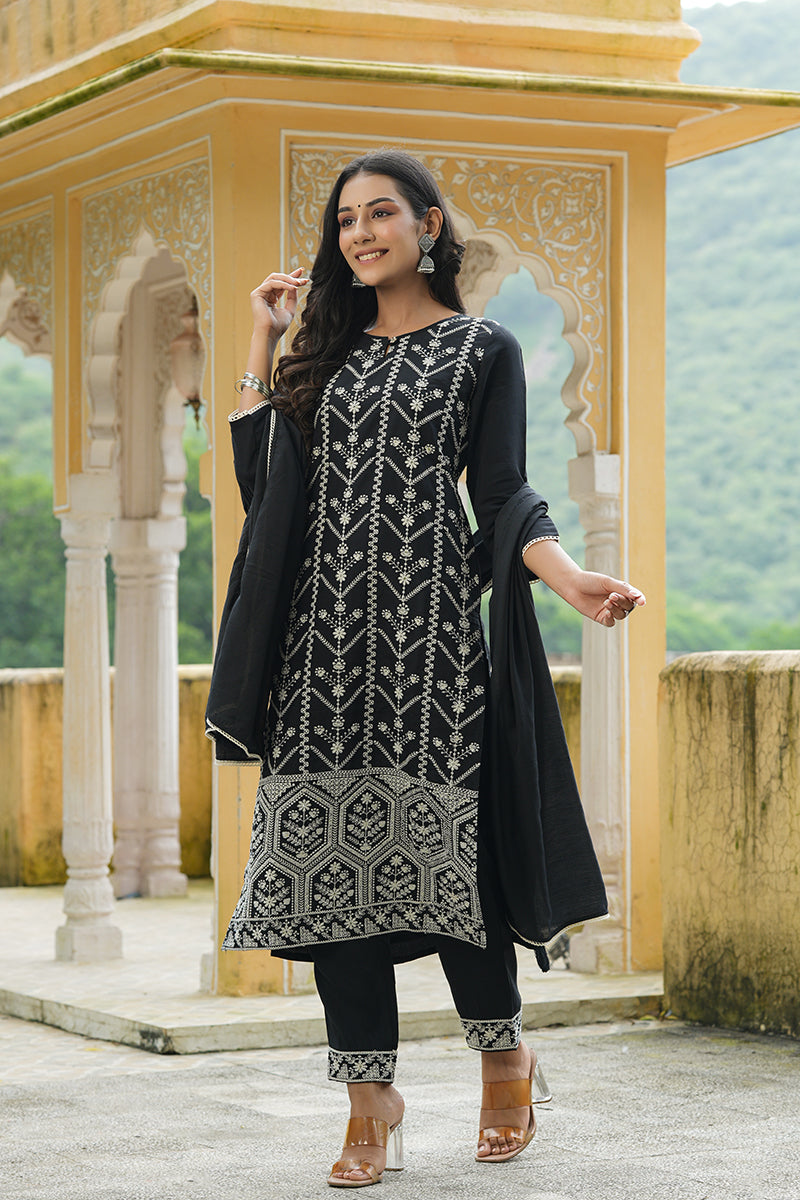 Black Poly Silk Thread Embroidered Suit Set | SHOBITAM