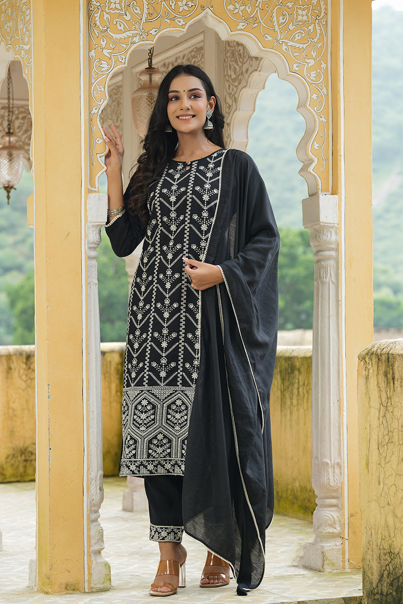 Black Poly Silk Thread Embroidered Suit Set | SHOBITAM