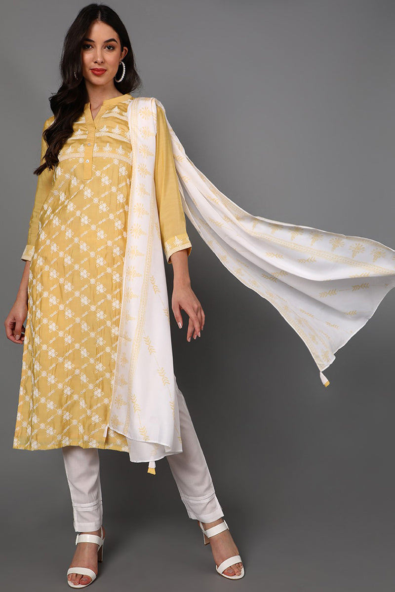Yellow Poly Silk Ethnic Motifs Straight Suit Set  | SHOBITAM
