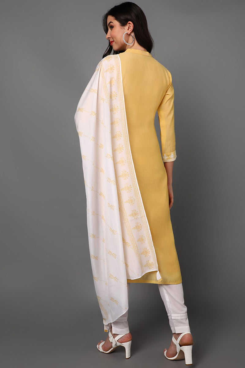 Yellow Poly Silk Ethnic Motifs Straight Suit Set  | SHOBITAM