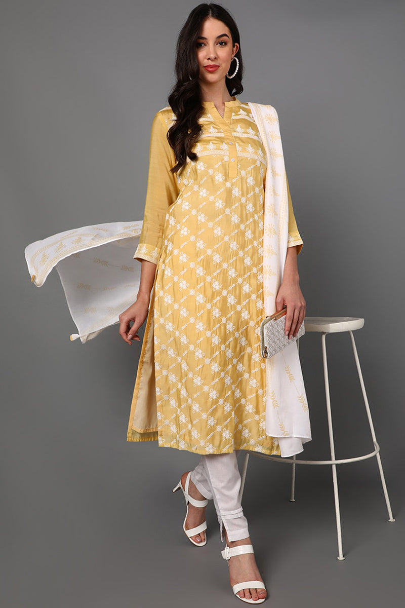 Yellow Poly Silk Ethnic Motifs Straight Suit Set  | SHOBITAM