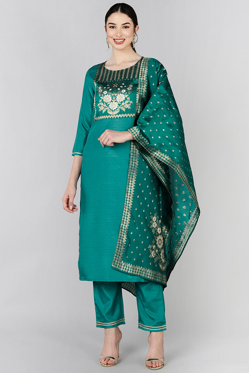 Teal Poly Silk Yoke Design Straight Suit Set | SHOBITAM