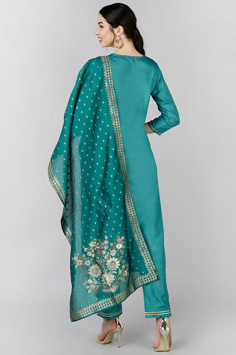 Teal Poly Silk Yoke Design Straight Suit Set | SHOBITAM