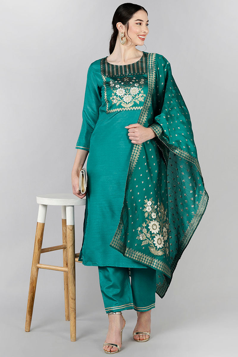Teal Poly Silk Yoke Design Straight Suit Set | SHOBITAM