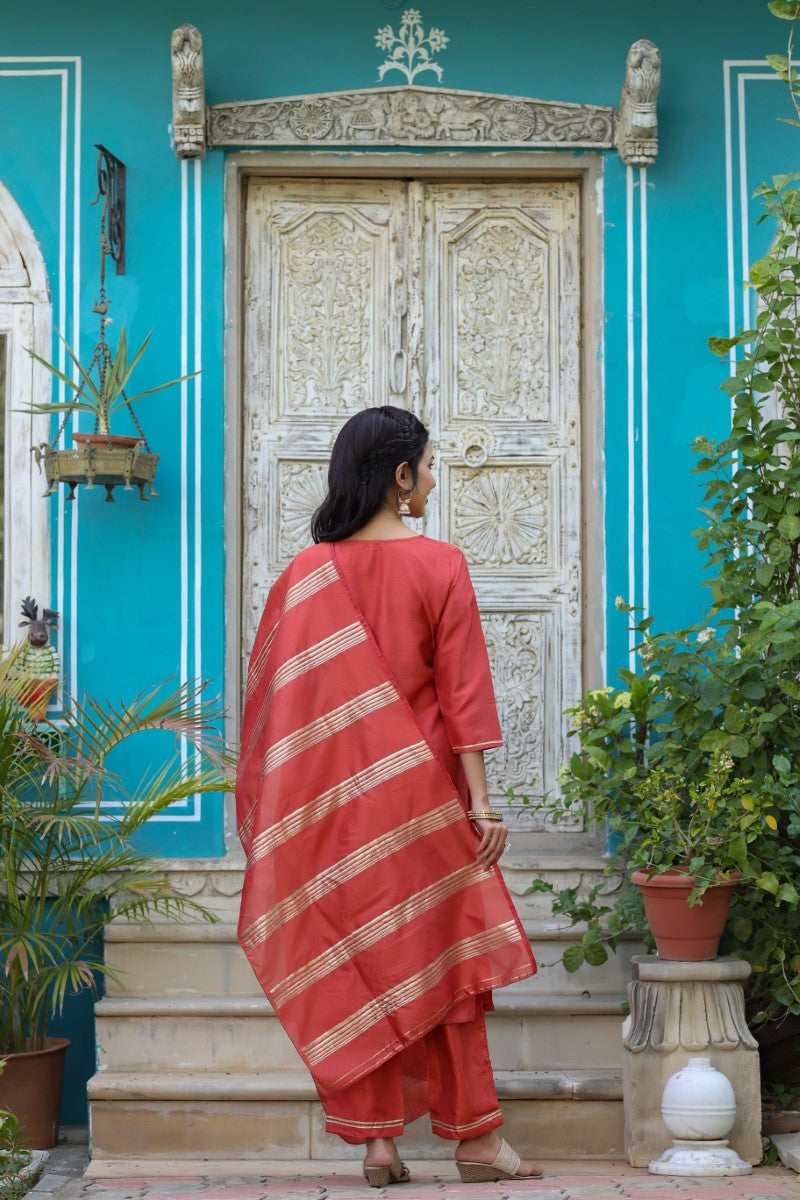 Rust Poly Silk Yoke Design Straight Suit Set | SHOBITAM