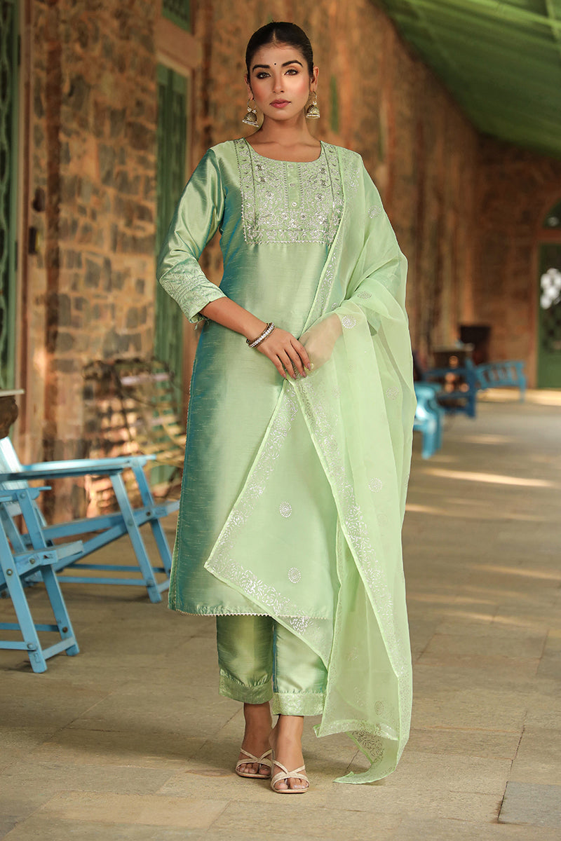 Green Floral Yoke Design Panelled Suit Set | SHOBITAM