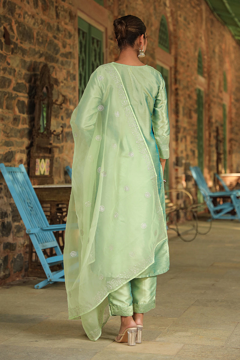 Green Floral Yoke Design Panelled Suit Set | SHOBITAM