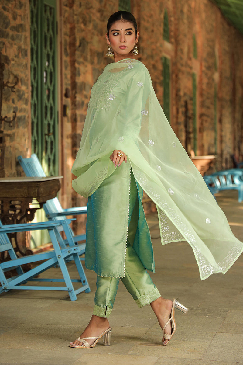Green Floral Yoke Design Panelled Suit Set | SHOBITAM