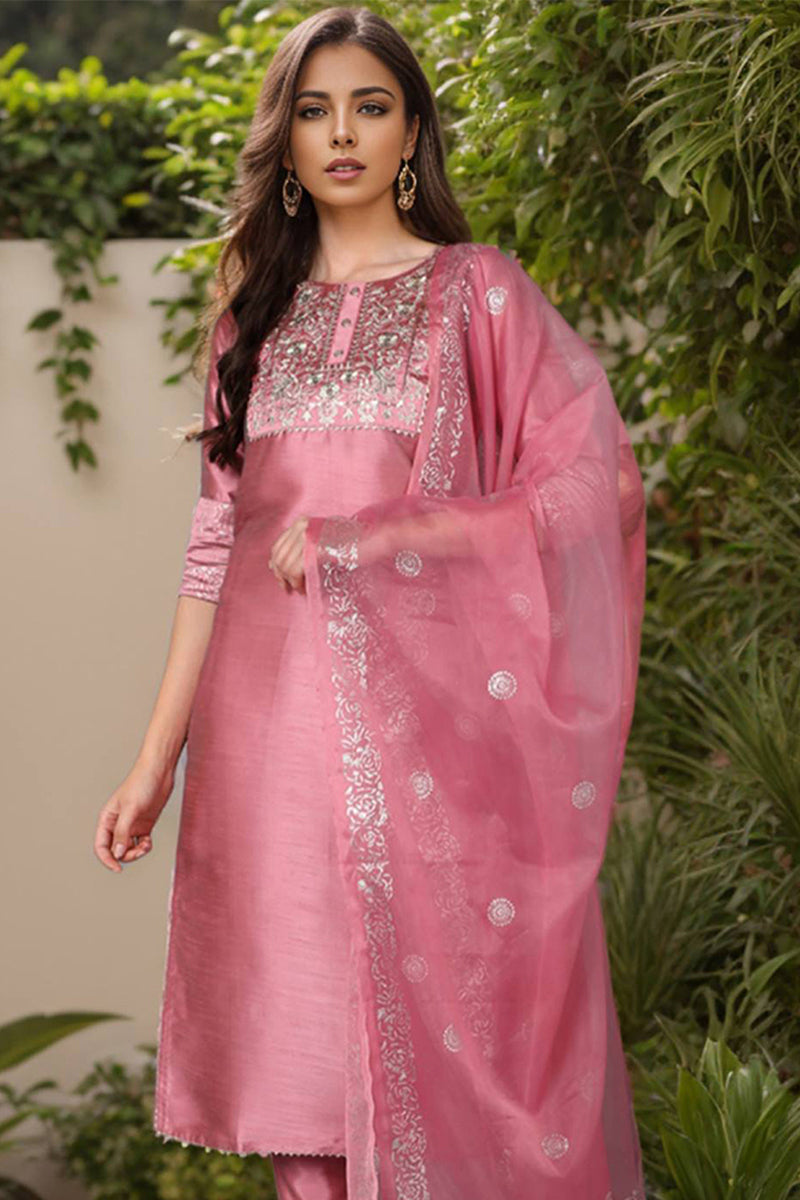 Pink Floral Yoke Design Panelled Suit Set | SHOBITAM