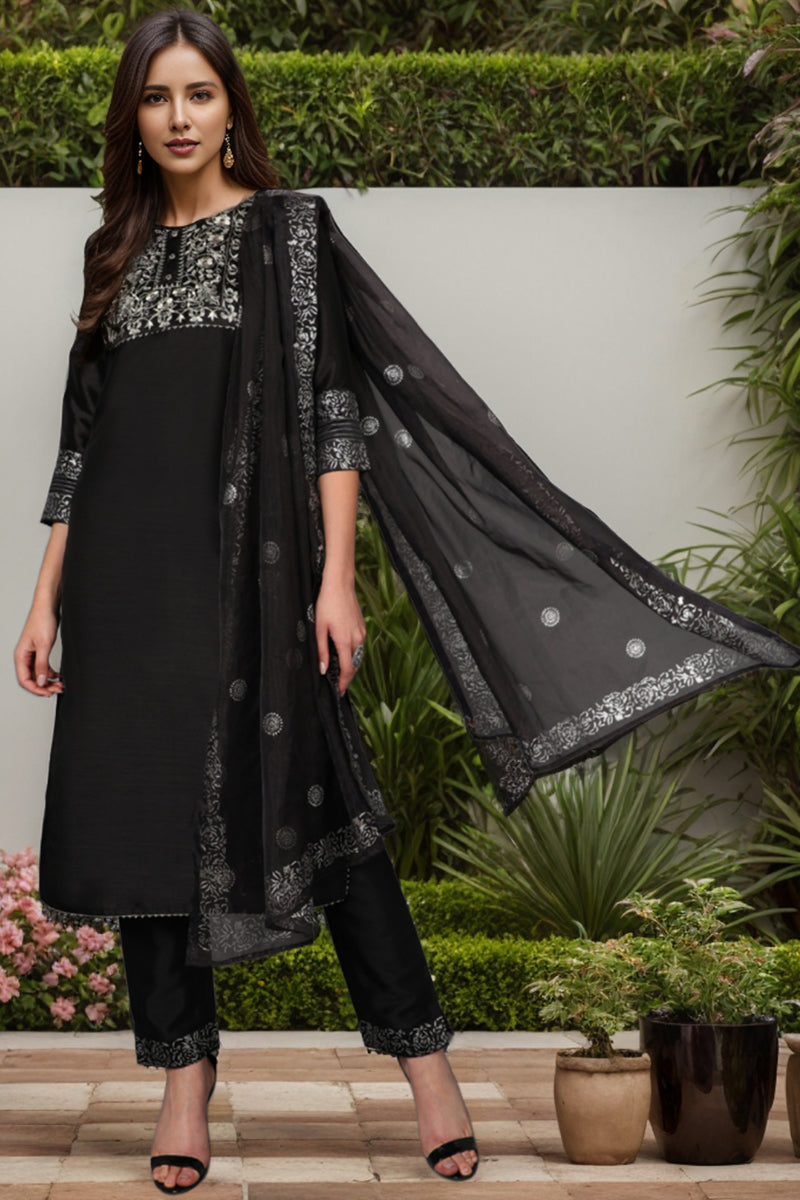 Black Floral Yoke Design Panelled Suit Set | SHOBITAM