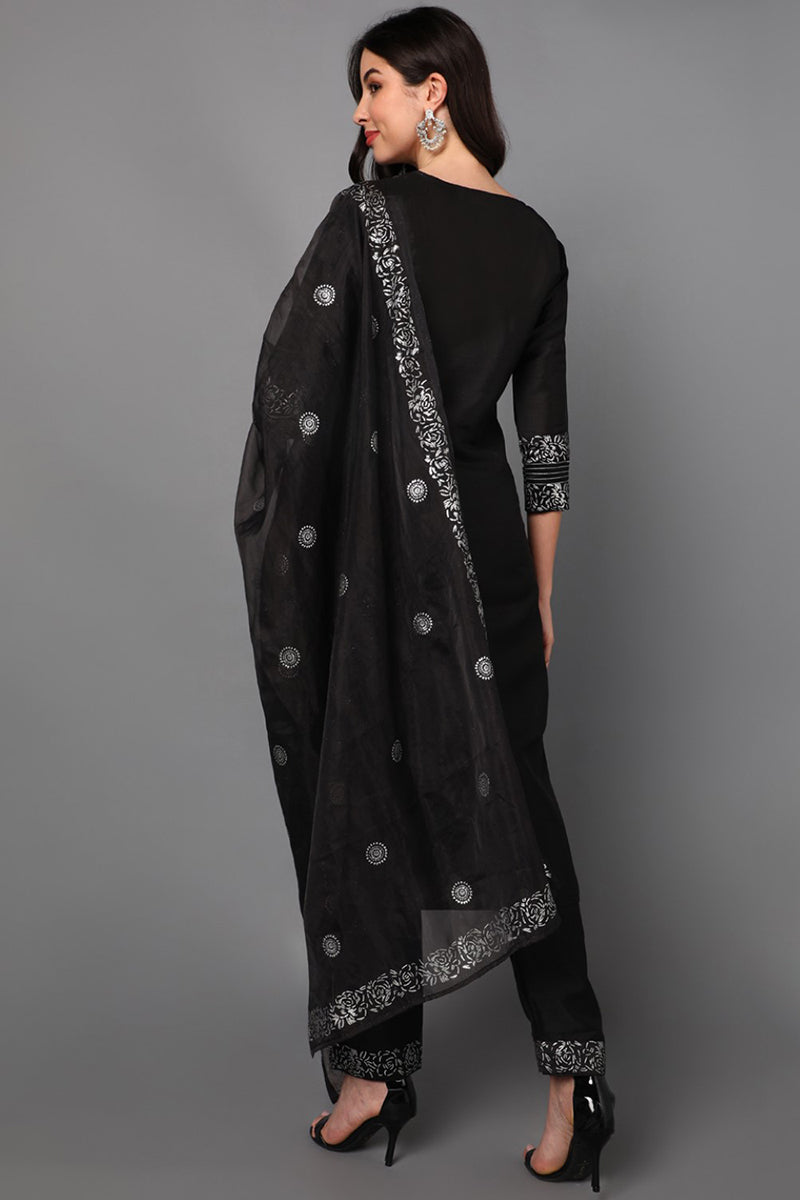 Black Floral Yoke Design Panelled Suit Set | SHOBITAM